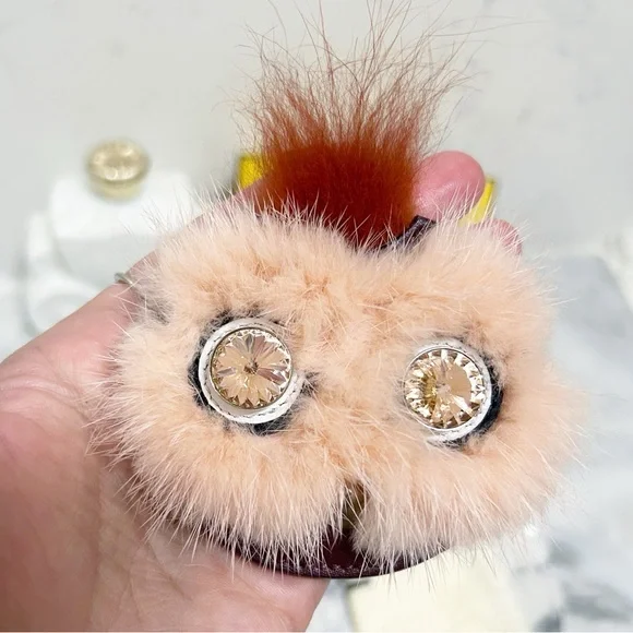 Authentic Fendi Crystal Eye Monster Mink & Rabbit Fur Compact Mirror Bag Charm - Picture 4 of 14
